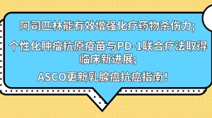 阿司匹林能有效增强化疗药物杀伤力；个性化肿瘤抗原疫苗与PD-1联合疗法取得临床新进展；ASCO更新乳腺癌抗癌指南